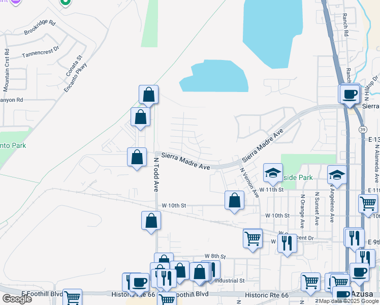 map of restaurants, bars, coffee shops, grocery stores, and more near 1055 Sierra Madre Avenue in Azusa