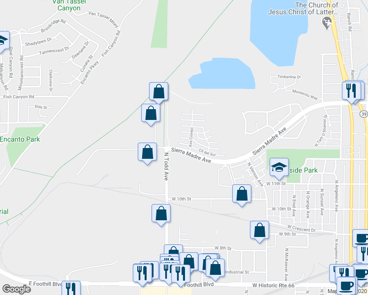 map of restaurants, bars, coffee shops, grocery stores, and more near 1145 Sierra Madre Avenue in Azusa
