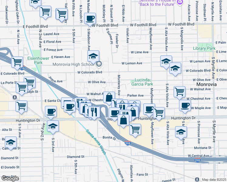 map of restaurants, bars, coffee shops, grocery stores, and more near 756 West Walnut Avenue in Monrovia