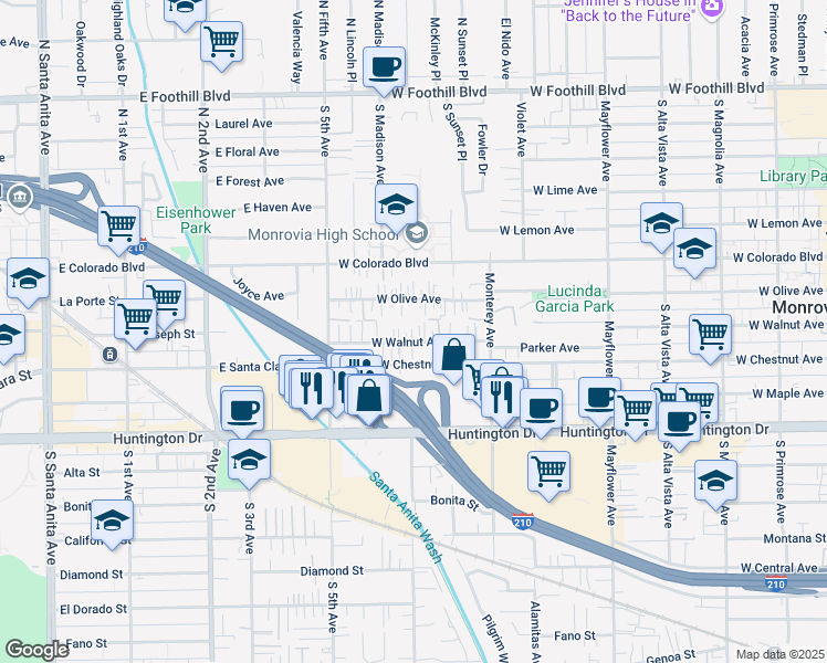 map of restaurants, bars, coffee shops, grocery stores, and more near 834 West Walnut Avenue in Monrovia