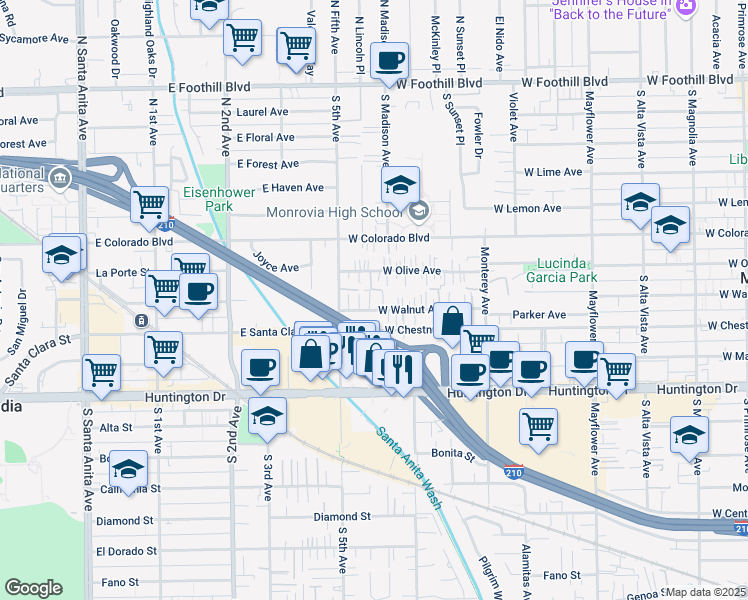 map of restaurants, bars, coffee shops, grocery stores, and more near 900 West Walnut Avenue in Monrovia
