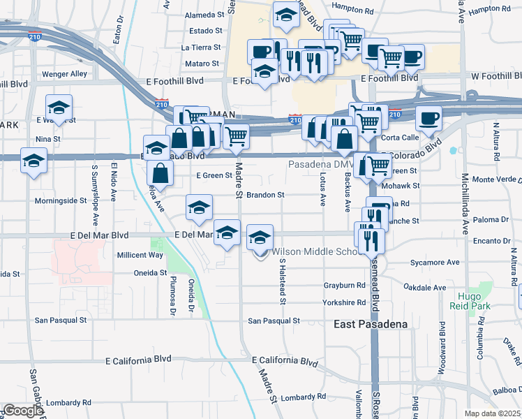 map of restaurants, bars, coffee shops, grocery stores, and more near 3458 Milton Street in Pasadena