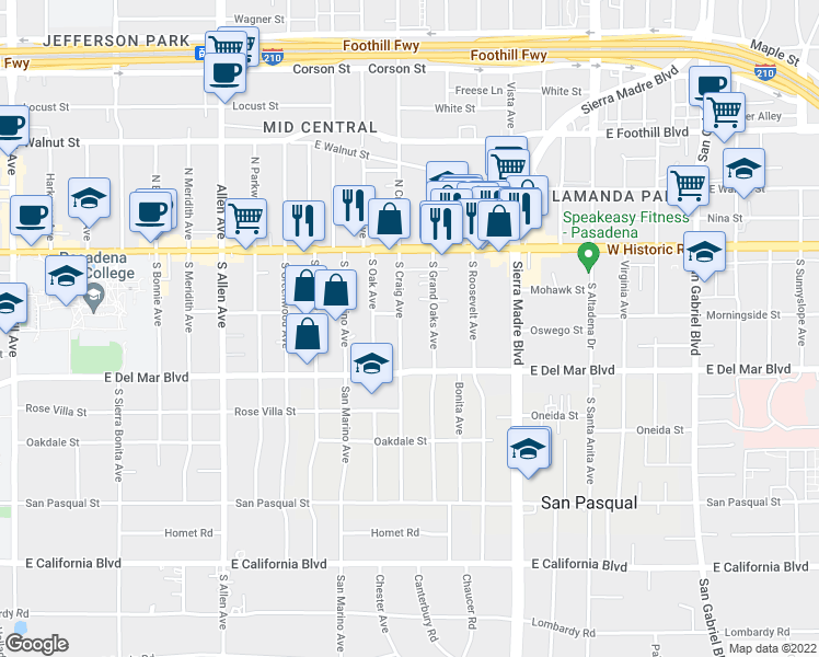 map of restaurants, bars, coffee shops, grocery stores, and more near 173 South Grand Oaks Avenue in Pasadena