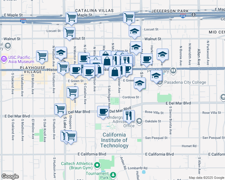 map of restaurants, bars, coffee shops, grocery stores, and more near 232 South Michigan Avenue in Pasadena