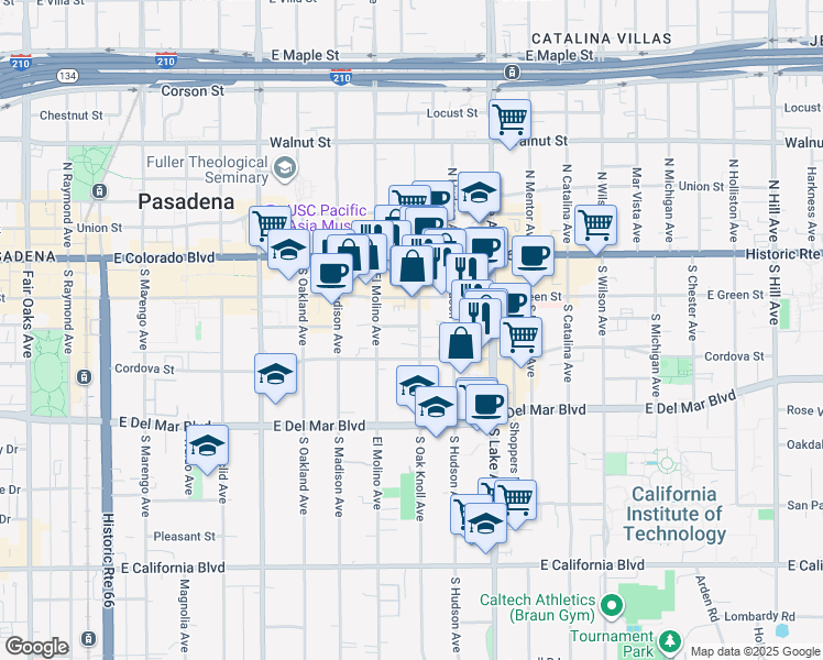 map of restaurants, bars, coffee shops, grocery stores, and more near 161 South Oak Knoll Avenue in Pasadena