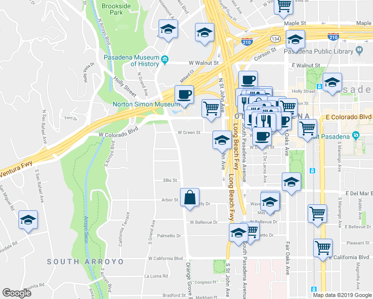 map of restaurants, bars, coffee shops, grocery stores, and more near 172 South Orange Grove Boulevard in Pasadena