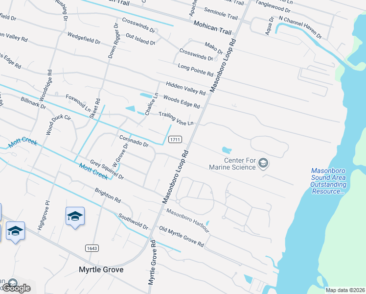 map of restaurants, bars, coffee shops, grocery stores, and more near 5021 Masonboro Loop Road in Wilmington