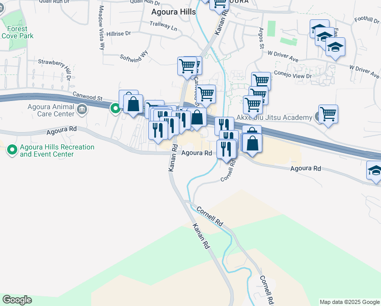 map of restaurants, bars, coffee shops, grocery stores, and more near Agoura Road in Agoura Hills