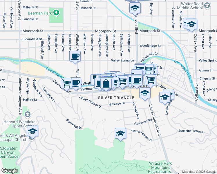 map of restaurants, bars, coffee shops, grocery stores, and more near 12266 Ventura Boulevard in Los Angeles