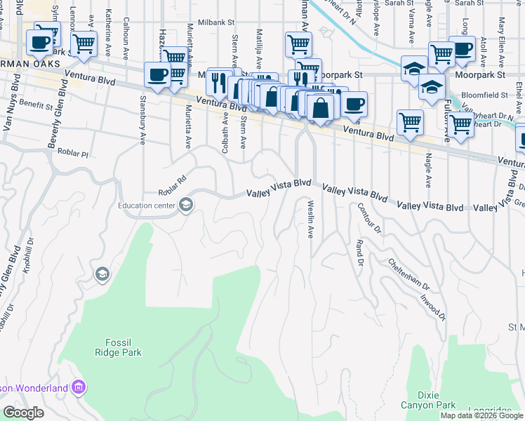 map of restaurants, bars, coffee shops, grocery stores, and more near 4029 Davana Road in Los Angeles