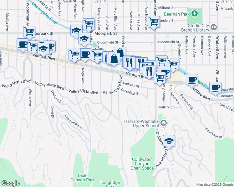 map of restaurants, bars, coffee shops, grocery stores, and more near 13166 Valley Vista Boulevard in Los Angeles