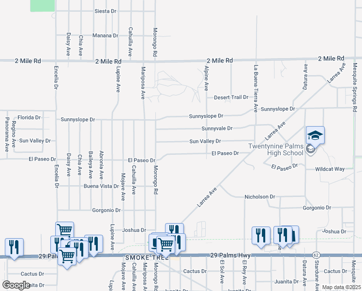 map of restaurants, bars, coffee shops, grocery stores, and more near 72248 El Paseo Drive in Twentynine Palms
