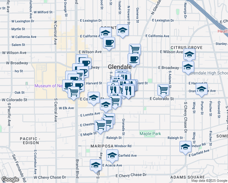 map of restaurants, bars, coffee shops, grocery stores, and more near 224 South Jackson Street in Glendale