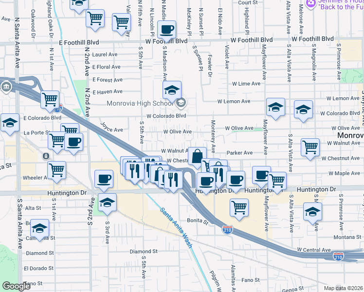 map of restaurants, bars, coffee shops, grocery stores, and more near 834 West Walnut Avenue in Monrovia