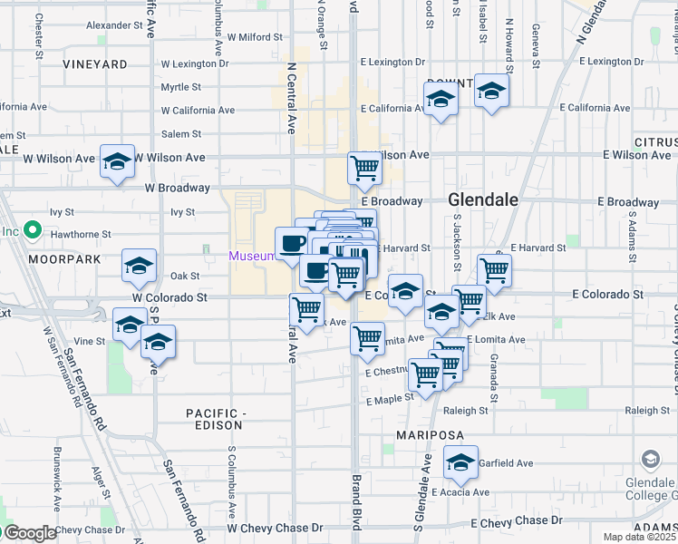 map of restaurants, bars, coffee shops, grocery stores, and more near 407 Caruso Avenue in Glendale