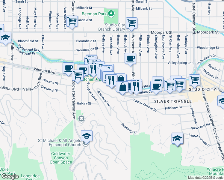 map of restaurants, bars, coffee shops, grocery stores, and more near 4029 Sunswept Drive in Los Angeles