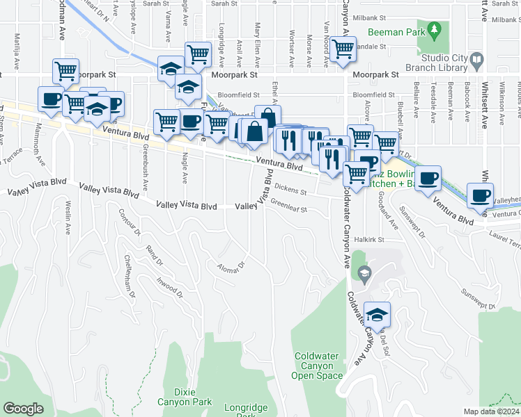 map of restaurants, bars, coffee shops, grocery stores, and more near 13166 Valley Vista Boulevard in Los Angeles