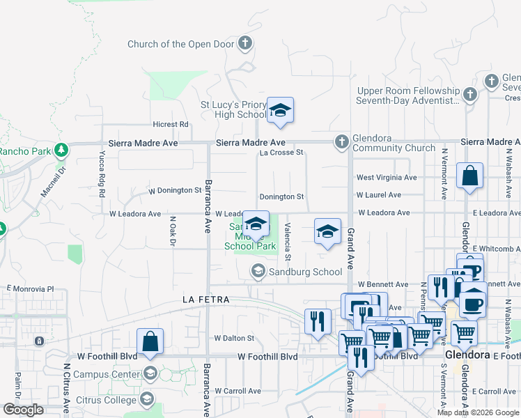 map of restaurants, bars, coffee shops, grocery stores, and more near 735 West Leadora Avenue in Glendora