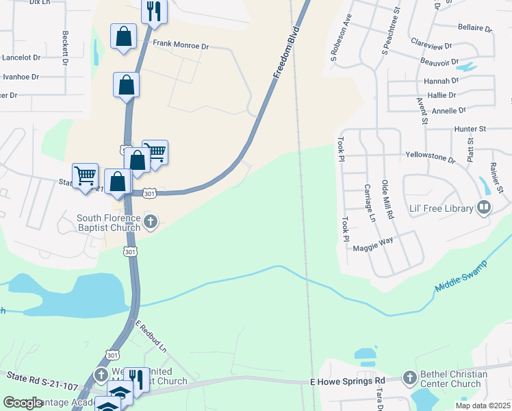 map of restaurants, bars, coffee shops, grocery stores, and more near 2370 Freedom Boulevard in Florence