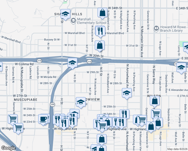 map of restaurants, bars, coffee shops, grocery stores, and more near 2878 North Acacia Avenue in San Bernardino