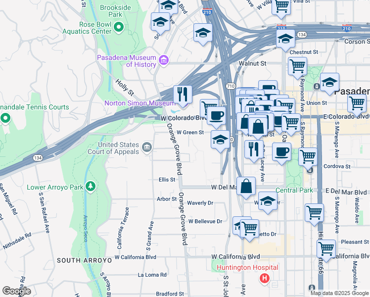 map of restaurants, bars, coffee shops, grocery stores, and more near 112 South Orange Grove Boulevard in Pasadena