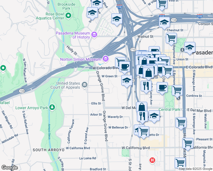 map of restaurants, bars, coffee shops, grocery stores, and more near 172 South Orange Grove Boulevard in Pasadena
