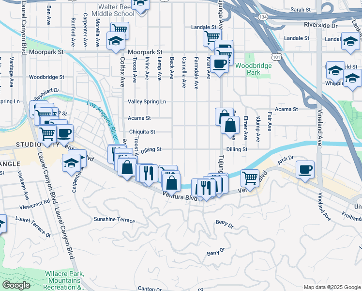 map of restaurants, bars, coffee shops, grocery stores, and more near 4133 Camellia Avenue in Los Angeles