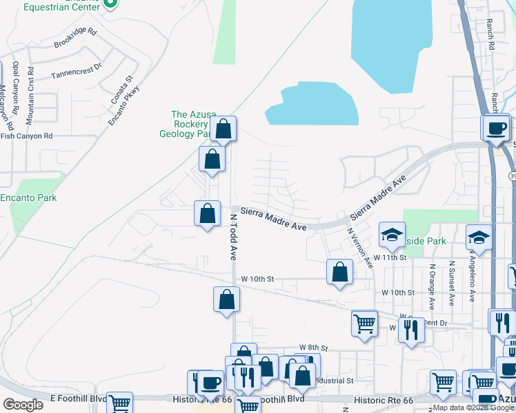 map of restaurants, bars, coffee shops, grocery stores, and more near 1145 Sierra Madre Avenue in Azusa
