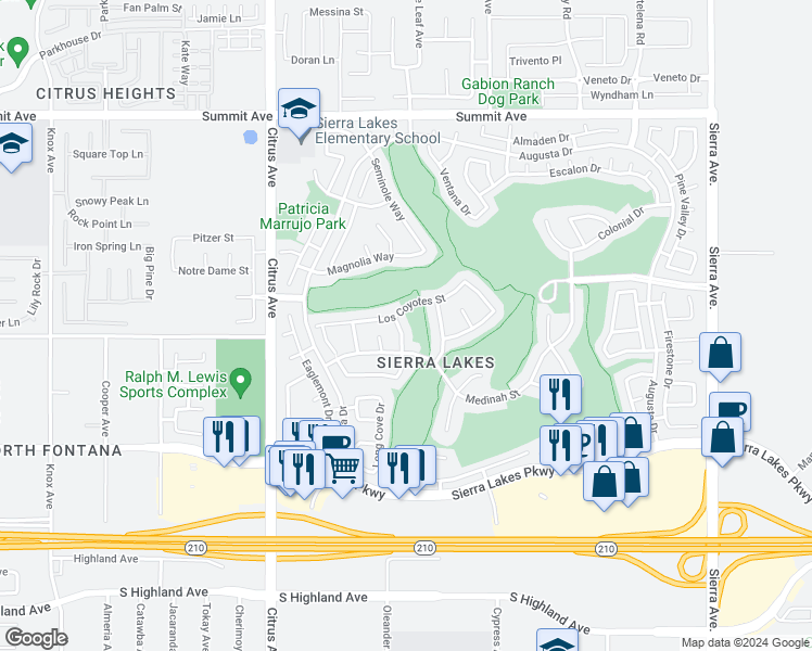 map of restaurants, bars, coffee shops, grocery stores, and more near 6079 Bel Air Drive in Fontana