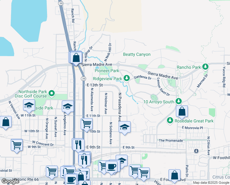 map of restaurants, bars, coffee shops, grocery stores, and more near 1202 North Soldano Drive in Azusa