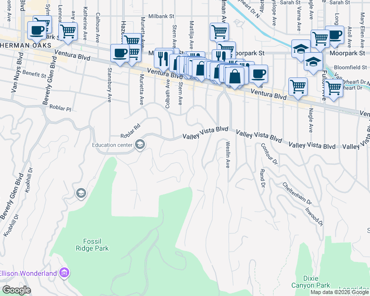 map of restaurants, bars, coffee shops, grocery stores, and more near 3970 Murietta Avenue in Los Angeles