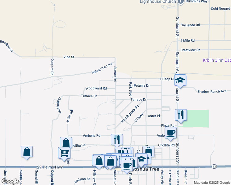 map of restaurants, bars, coffee shops, grocery stores, and more near 60570 Oleander Drive in Joshua Tree