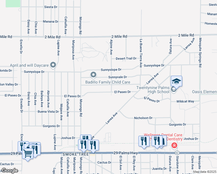 map of restaurants, bars, coffee shops, grocery stores, and more near 72285 Sun Valley Drive in Twentynine Palms