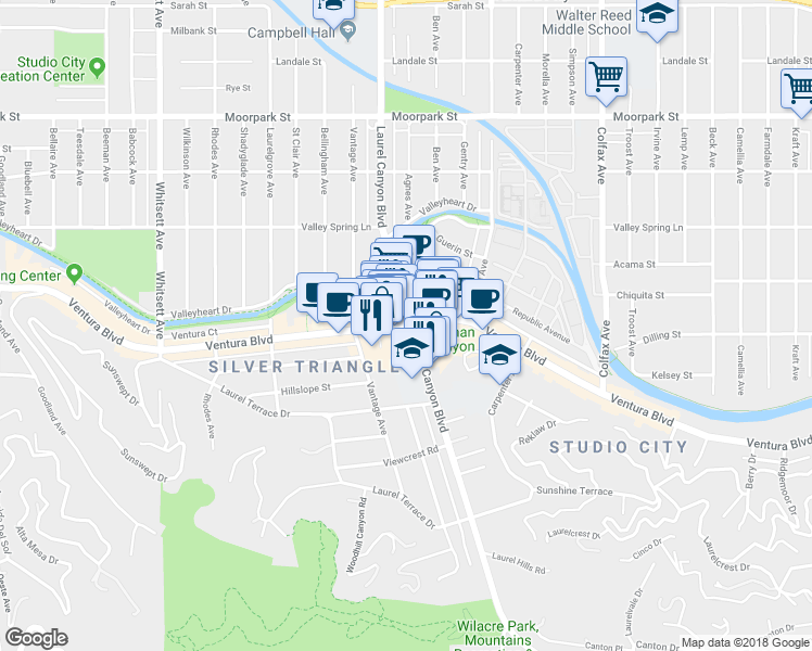 map of restaurants, bars, coffee shops, grocery stores, and more near Ventura Boulevard in Los Angeles