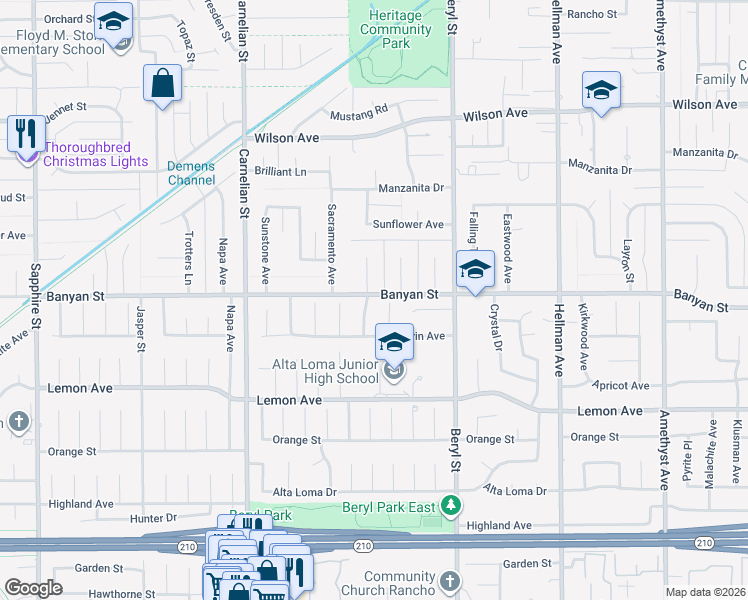 map of restaurants, bars, coffee shops, grocery stores, and more near 6109 Vineyard Avenue in Rancho Cucamonga