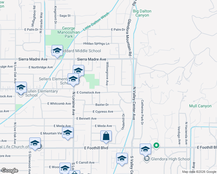 map of restaurants, bars, coffee shops, grocery stores, and more near 441 Willowgrove Avenue in Glendora