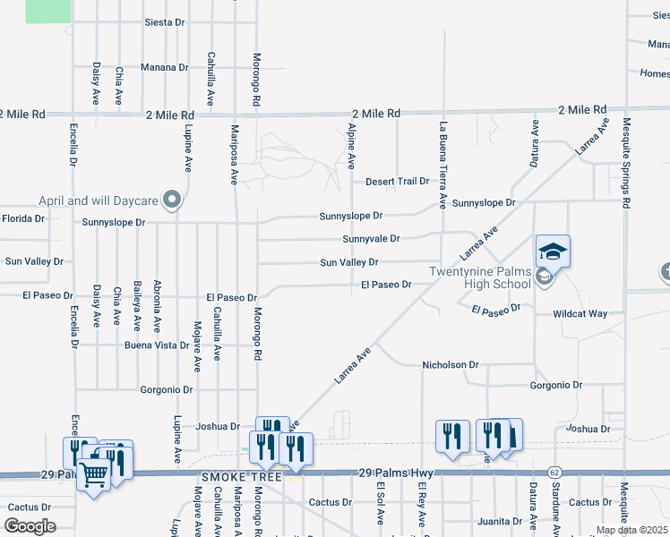 map of restaurants, bars, coffee shops, grocery stores, and more near 72265 Sun Valley Drive in Twentynine Palms