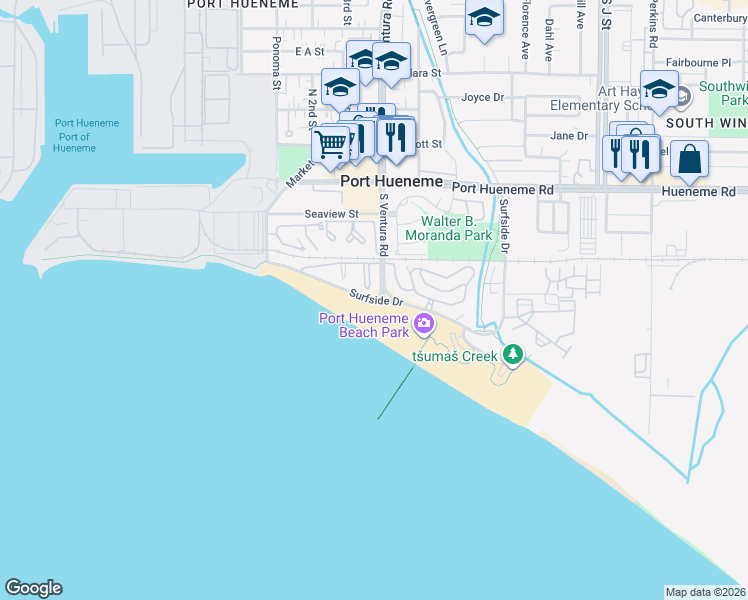 map of restaurants, bars, coffee shops, grocery stores, and more near East Surfside Drive in Port Hueneme