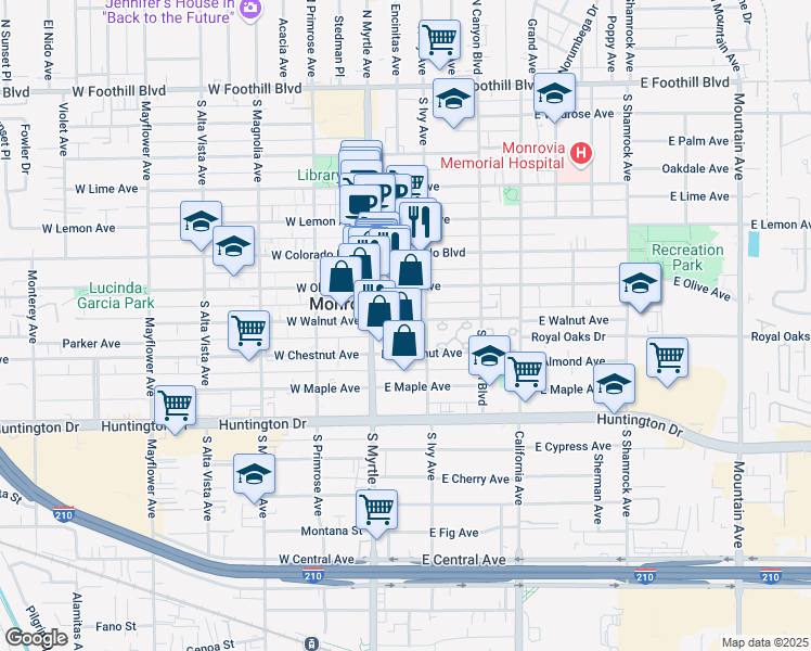 map of restaurants, bars, coffee shops, grocery stores, and more near 130 East Walnut Avenue in Monrovia