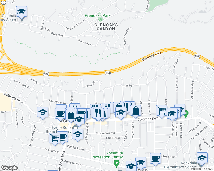 map of restaurants, bars, coffee shops, grocery stores, and more near 1871 Hill Drive in Los Angeles