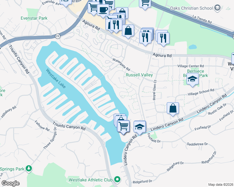 map of restaurants, bars, coffee shops, grocery stores, and more near 32181 Sailview Lane in Westlake Village