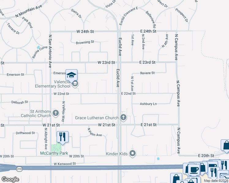 map of restaurants, bars, coffee shops, grocery stores, and more near 2205 North Euclid Avenue in Upland