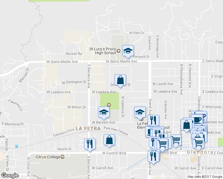 map of restaurants, bars, coffee shops, grocery stores, and more near 735 West Leadora Avenue in Glendora