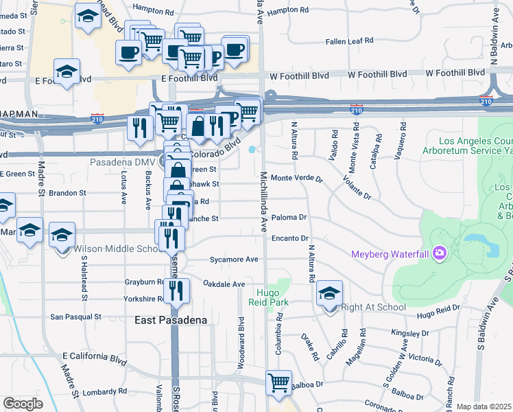map of restaurants, bars, coffee shops, grocery stores, and more near 3952 Elma Road in Pasadena