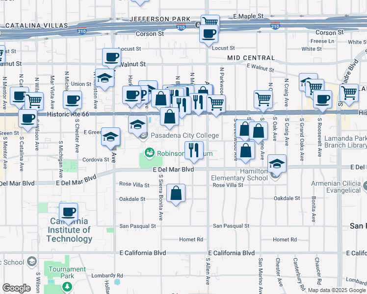 map of restaurants, bars, coffee shops, grocery stores, and more near 138 South Bonnie Avenue in Pasadena