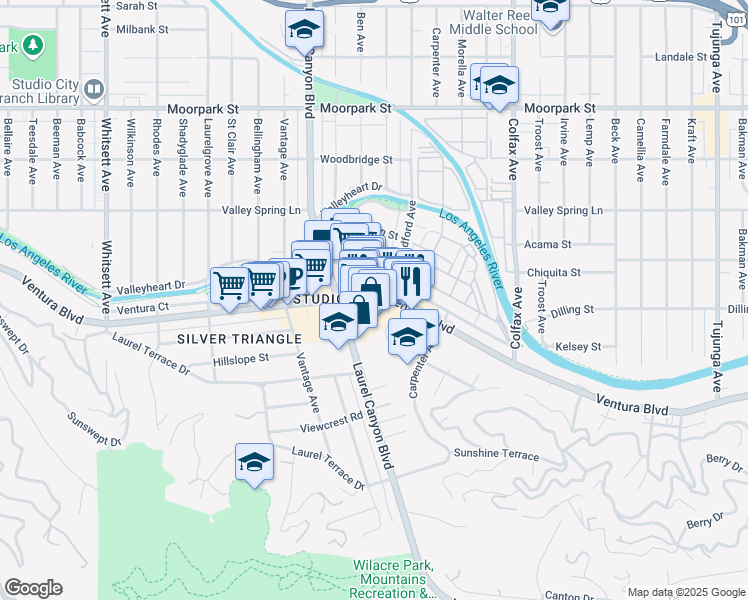 map of restaurants, bars, coffee shops, grocery stores, and more near 11992 Ventura Boulevard in Los Angeles