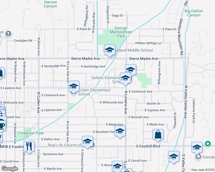 map of restaurants, bars, coffee shops, grocery stores, and more near 883 East Leadora Avenue in Glendora