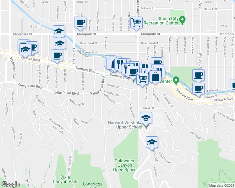 map of restaurants, bars, coffee shops, grocery stores, and more near 13015 Greenleaf Street in Los Angeles