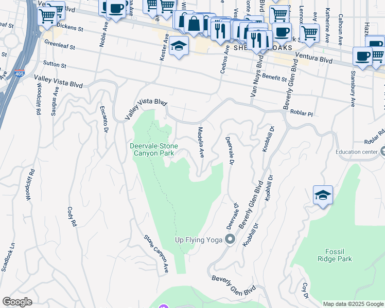 map of restaurants, bars, coffee shops, grocery stores, and more near 14859 Round Valley Drive in Los Angeles