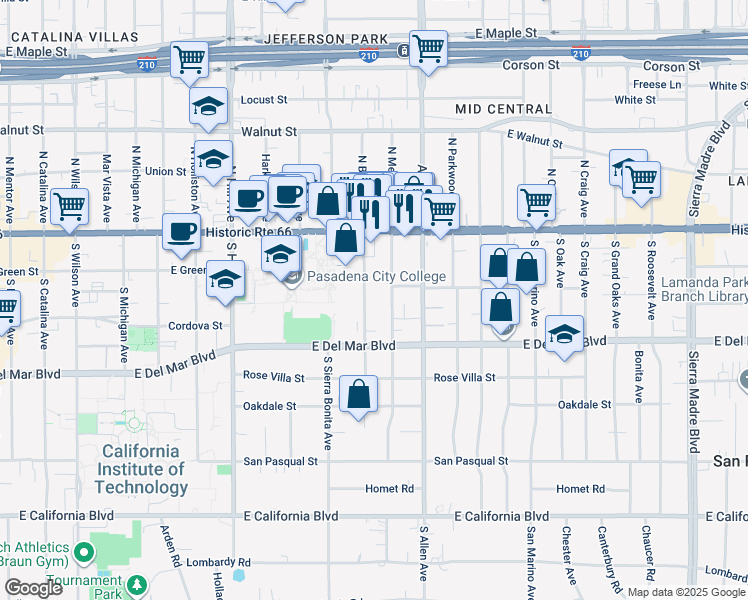 map of restaurants, bars, coffee shops, grocery stores, and more near 138 South Bonnie Avenue in Pasadena